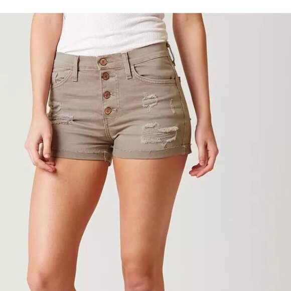 KanCan High Rise Stretch Short Chanah Tan‎ Brown Distressed Button Fly 26 - Picture 6 of 6